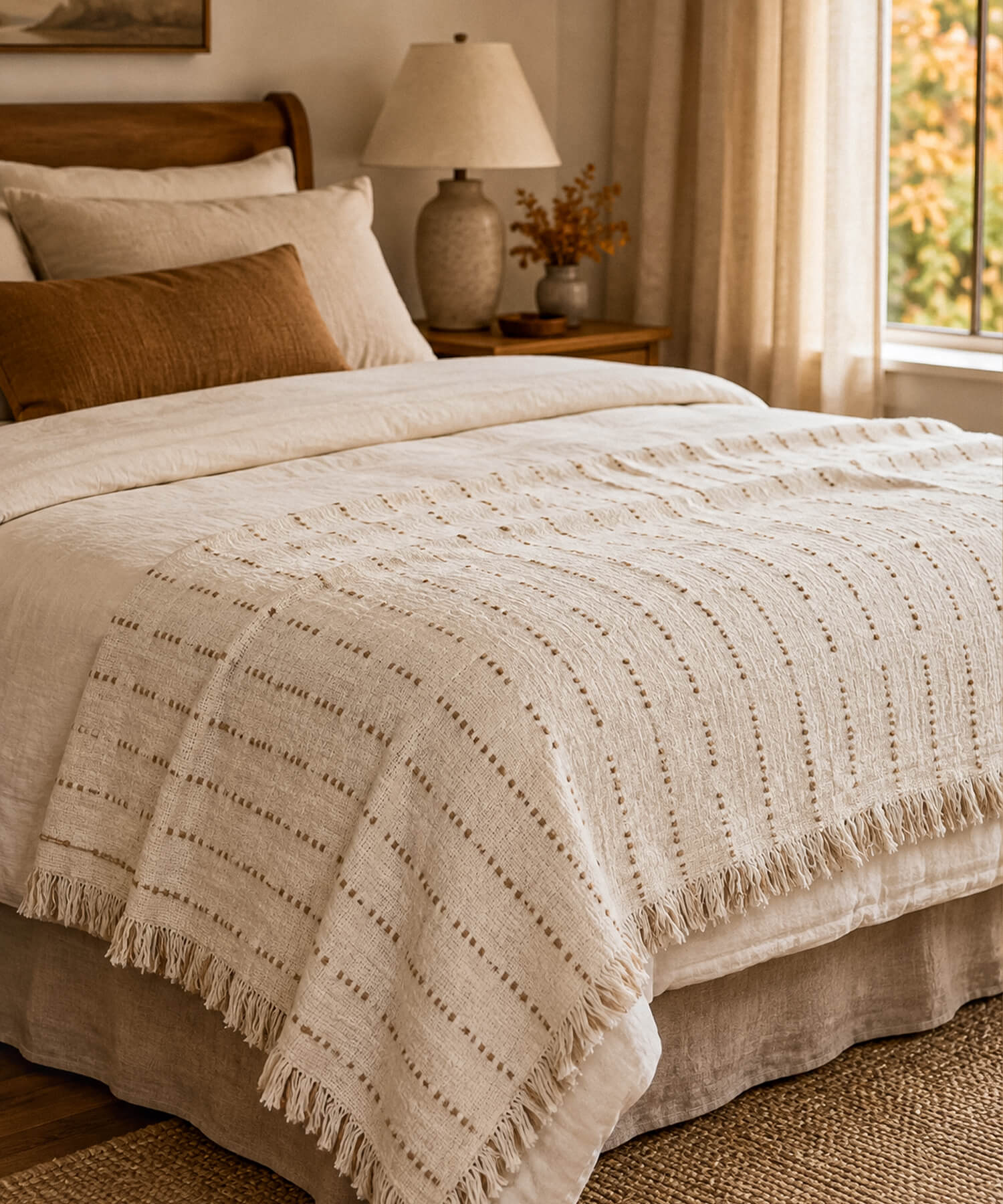 Lightweight Cotton Throw Blanket with Fringe | Cream & Beige Woven Throw 4 Lightweight woven throw blanket layered across a bed with neutral bedding
