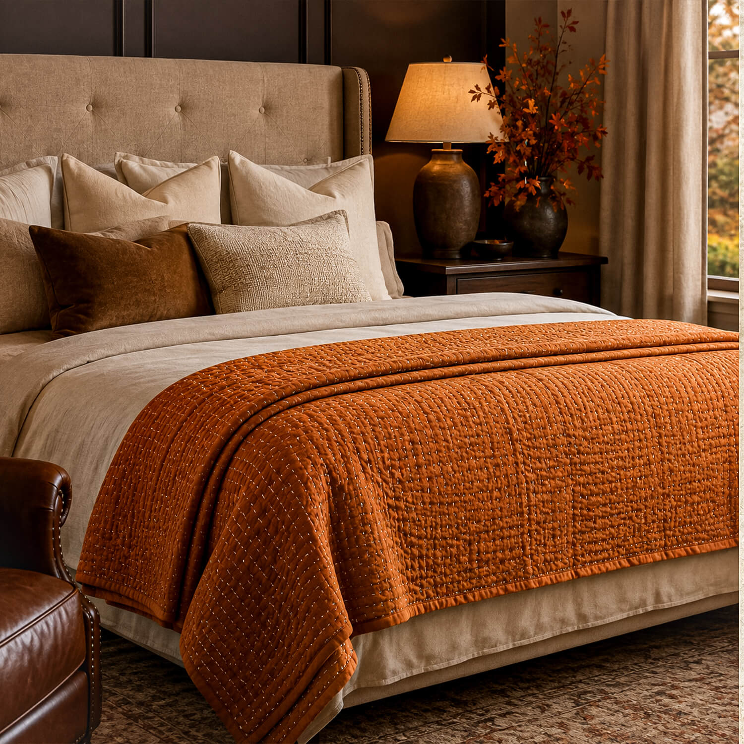 Terracotta Kantha Throw Blanket | 100% Cotton 3 Cotton Kantha throw layered across a bed in a warm neutral bedroom