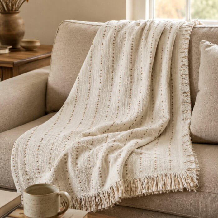 textured-cotton-throw-blanket-close-up Neutral cotton throw blanket draped over a sofa in a warm modern living room
