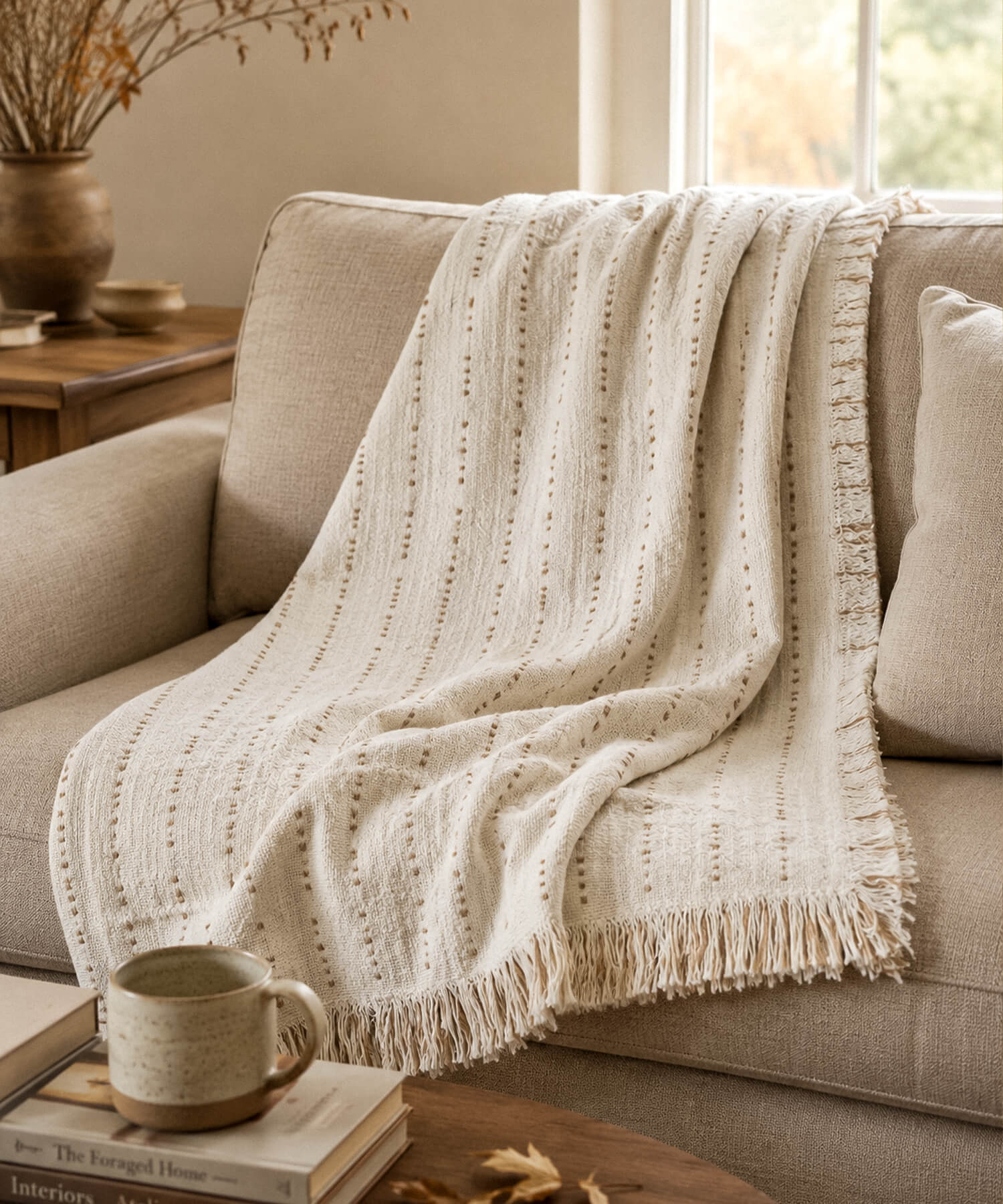 Lightweight Cotton Throw Blanket with Fringe | Cream & Beige Woven Throw 2 Neutral cotton throw blanket draped over a sofa in a warm modern living room