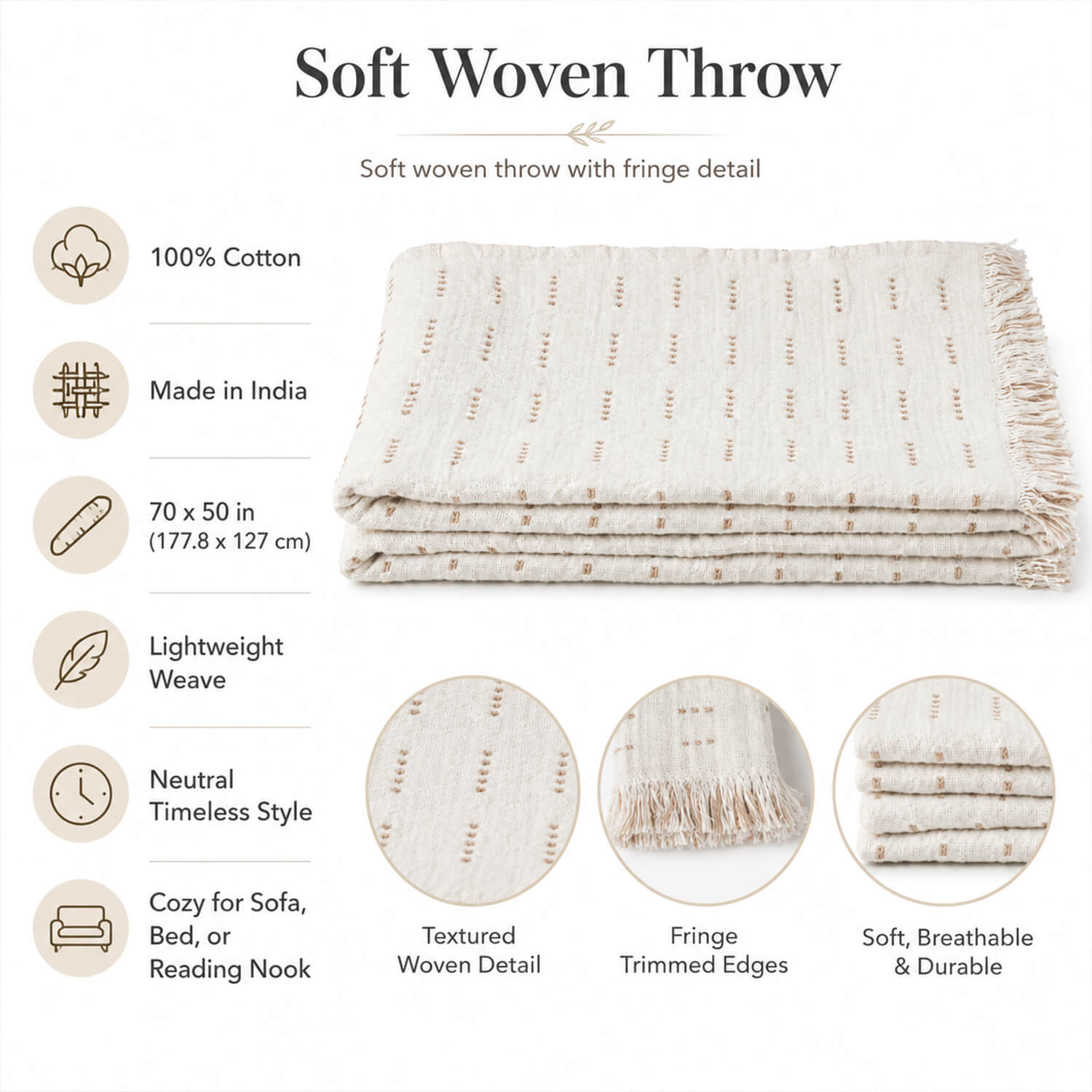 Lightweight Cotton Throw Blanket with Fringe | Cream & Beige Woven Throw 3 Woven cotton throw blanket showing lightweight texture, neutral color, and fringed edges